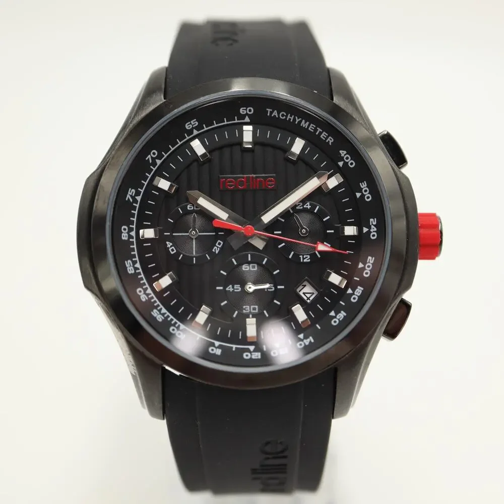 Redline Mens Chronograph Black Red Date 47mm Watch Silicone Strap w New Battery